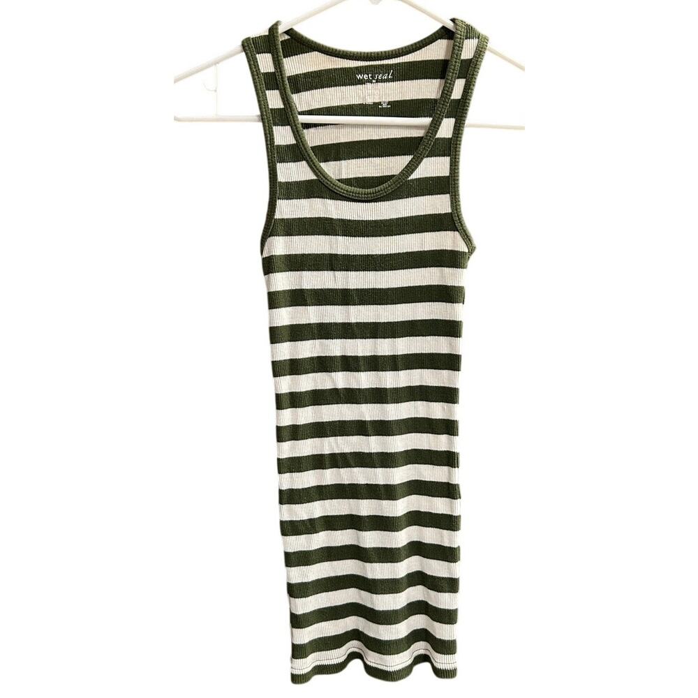 Y2K Wet Seal Ribbed Cotton Tank Top Green White Stripes Medium‎